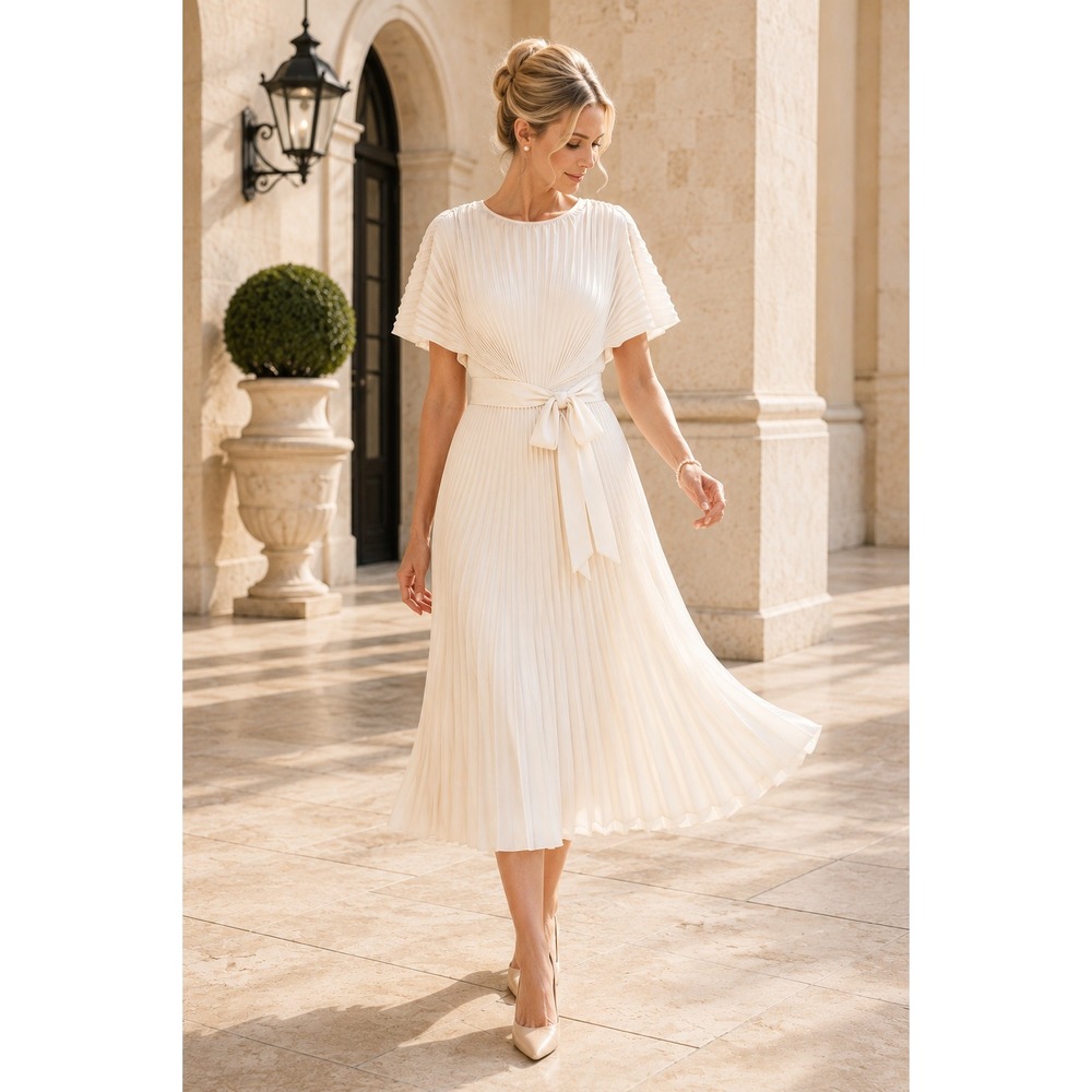 DKNY Pleated Fit & Flare Dress Eggshell White Tie Waist Midi Dress Size 4 NWT